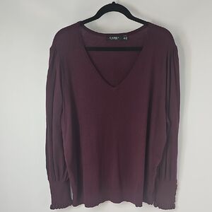 Lauren Burgundy Vneck Puff Sleeve Knit Top w Faux Brass Buttons & Ruffled Wrist‎